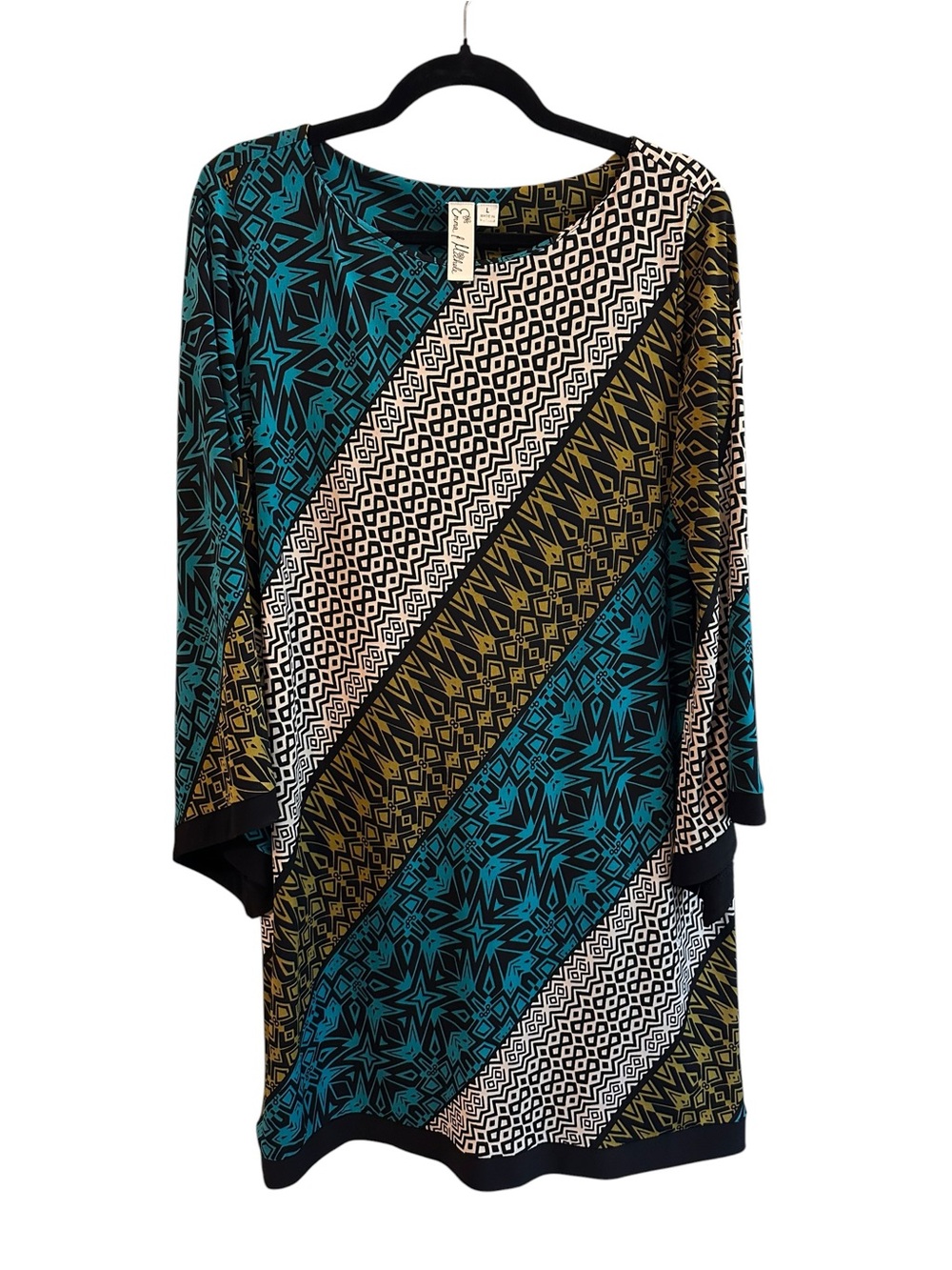 Emma & Michele Teal, Gold, Black & Cream Patterned Mini Dress